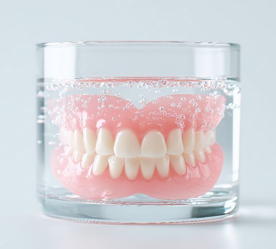 Full set of dentures in glass with clear liquid