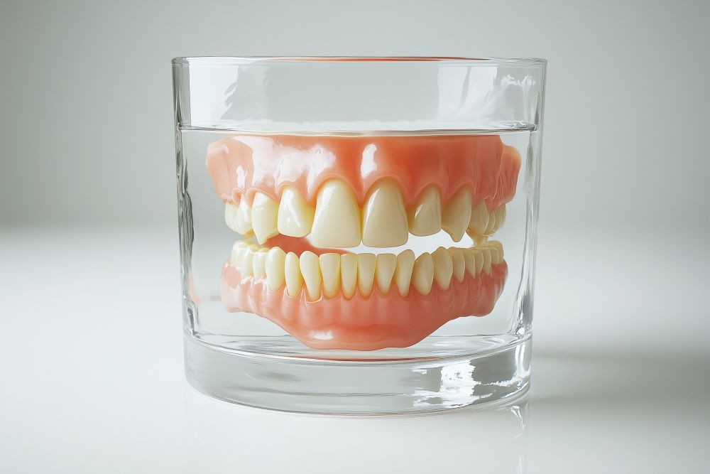 A pair of dentures soaking in a glass of water